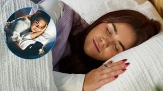 The image shows a dark haired woman lying in bed with her eyes closed and wrapped in a white duvet. Inset, a woman is lying in bed but her face is lit by the glow of her smartphone.