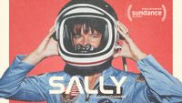 movie poster showing a woman wearing a blue flight suit and space helmet, with the word "sally" written in white text