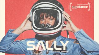 movie poster showing a woman wearing a blue flight suit and space helmet, with the word "sally" written in white text