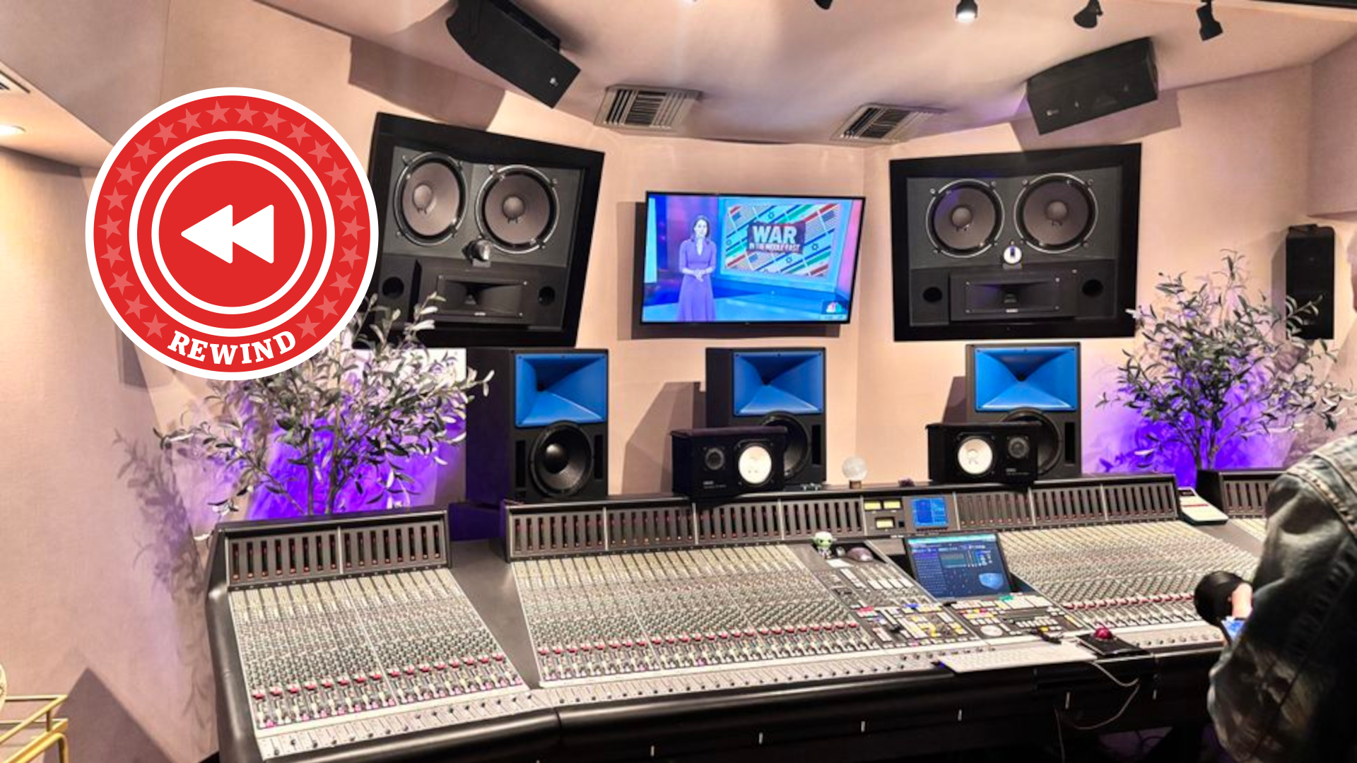 Dolby Atmos mixing studio with rewind logo