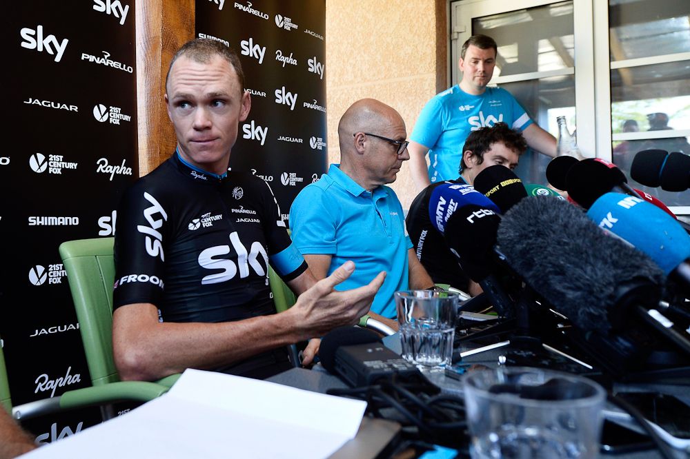 Chris Froome addresses the media.