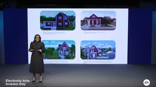 Electronic Arts investor day presentation - Laura Miele presents a screen showin five Sims 4 houses that are red with white trim