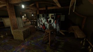 A creepy painting in a dimly lit attic in Pathologic 2