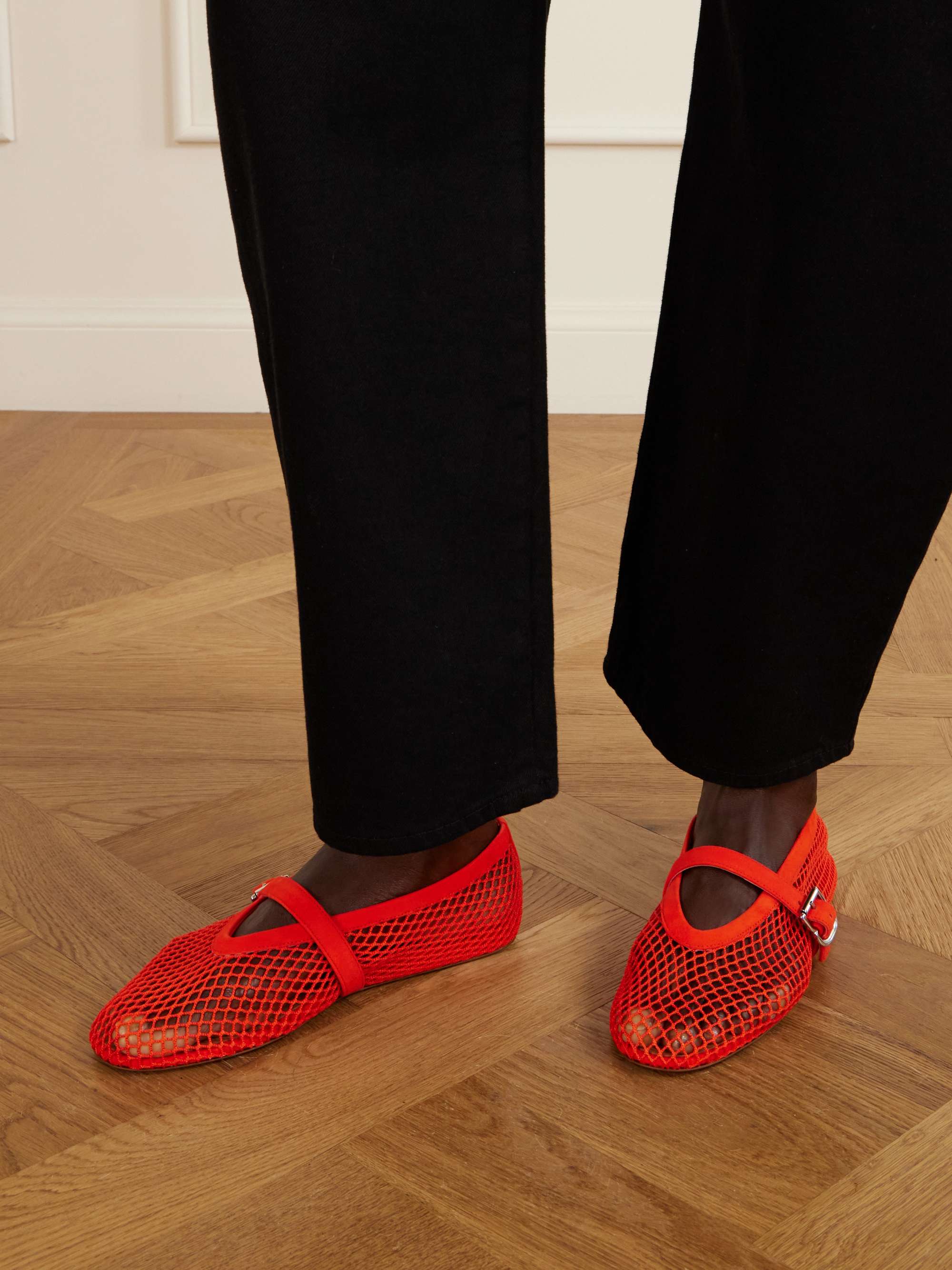 Suede-Trimmed Mesh Ballet Flats