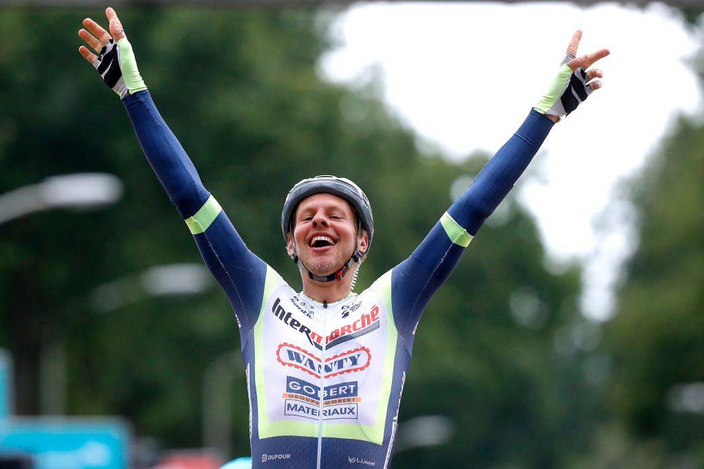 HOOGERHEIDE NETHERLANDS SEPTEMBER 01 Taco Van Der Hoorn of Netherlands and Team Intermarch Wanty Gobert Matriaux celebrates at finish line as stage winner during the 17th Benelux Tour 2021 Stage 3 a 1683km stage from Essen to Hoogerheide BeneluxTour on September 01 2021 in Hoogerheide Netherlands Photo by Bas CzerwinskiGetty Images