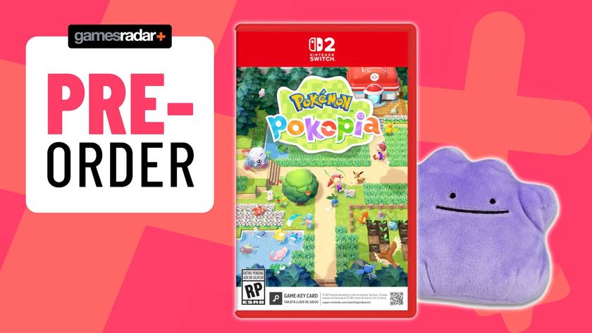 Image of a Ditto plush and Switch 2 copy of Pokemon Pokopia sitting on a pink GamesRadar+ background.