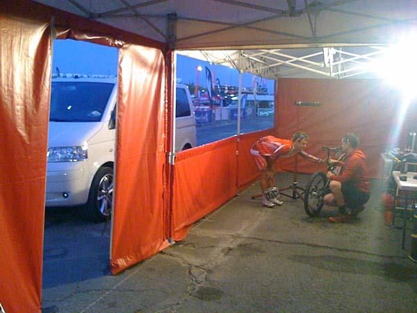 Burry Stander gets his bike checked early in the morning before the Roc d'Azur.