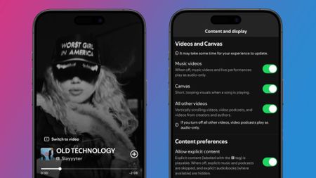 Two iPhones showing the Spotify playback screen and new video controls 