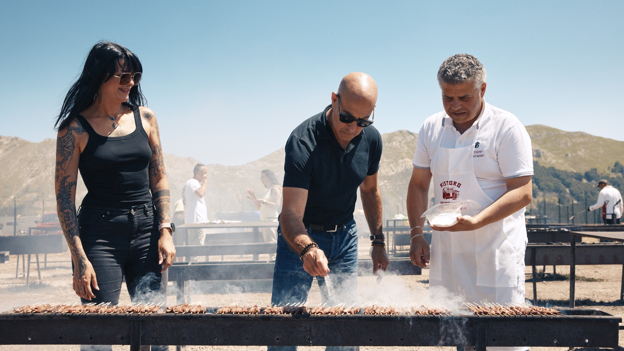 Stanley discovers unexpected delights in this wildest of regions, Abruzzo, one heìs never visited before. He stops at an iconic BBQ joint called Ristoro Mucciante and meets food and motor journalist Cristina Bachetti, left and cooks with one of the owners, Rodolfo Mucciante