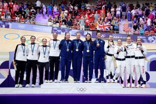 New Zealand, USA and GB team pursuit squad on the Paris Olympics podium