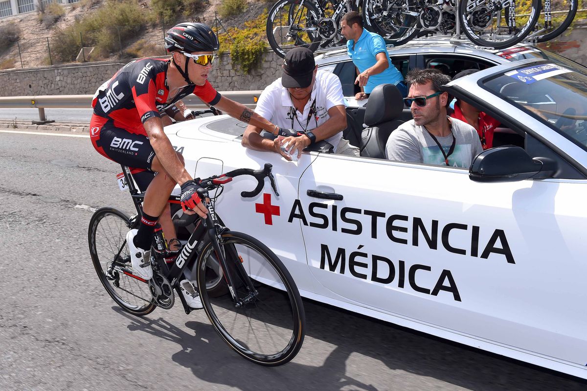 Alessandro De Marchi (BMC) gets medical attention after a crash on Stage 9 of the Vuelta a Espa&ntilde;a