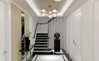 Marble adorns the lobby, hallways and bathroom floors