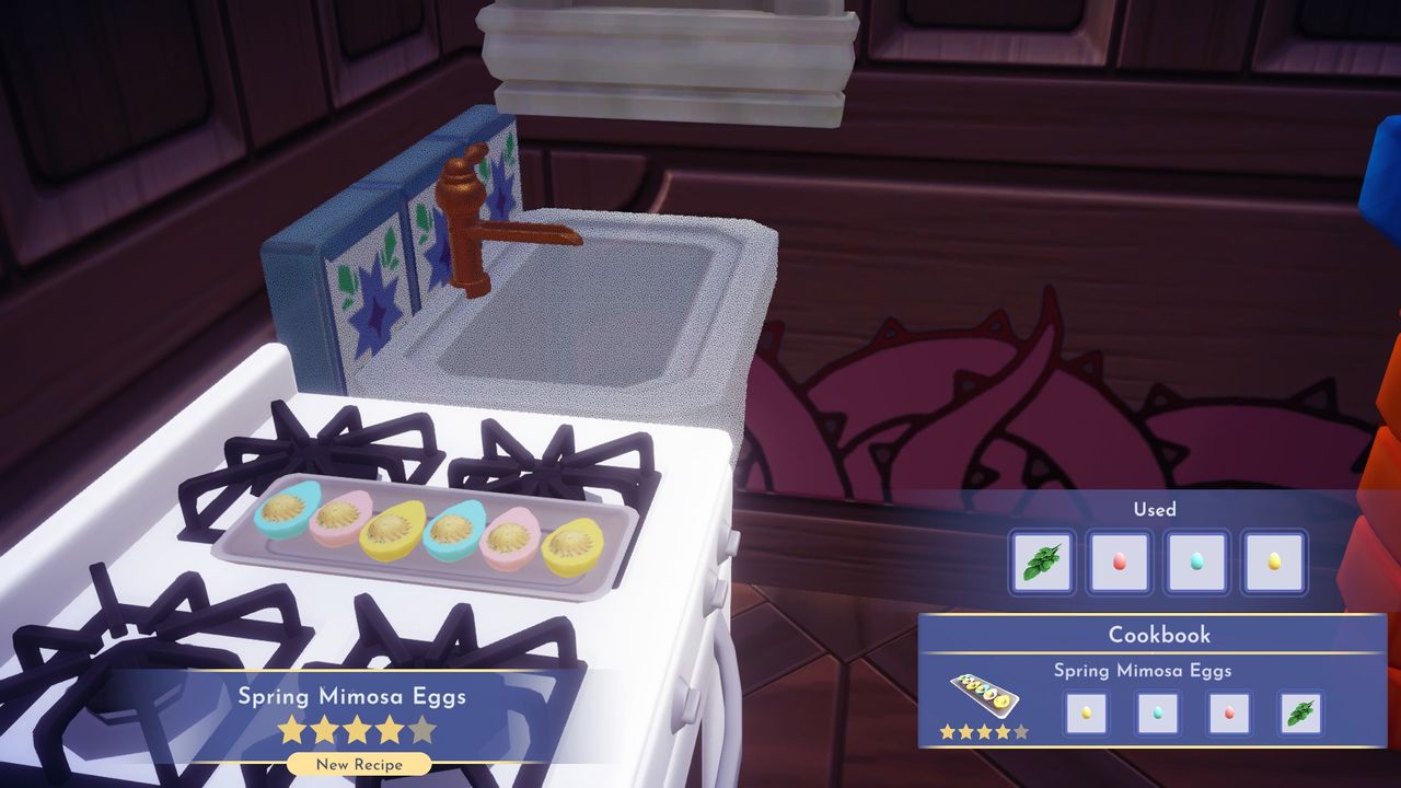 Three egg recipes on a stovetop in Disney Dreamlight valley