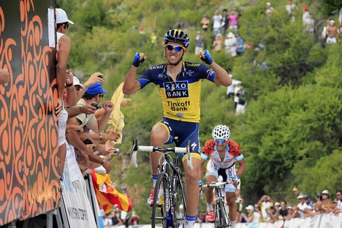 Alberto Contador (Saxo-Tinkoff) celebrates victory on Mirador del Sol in stage 6 at the Tour de San Luis.