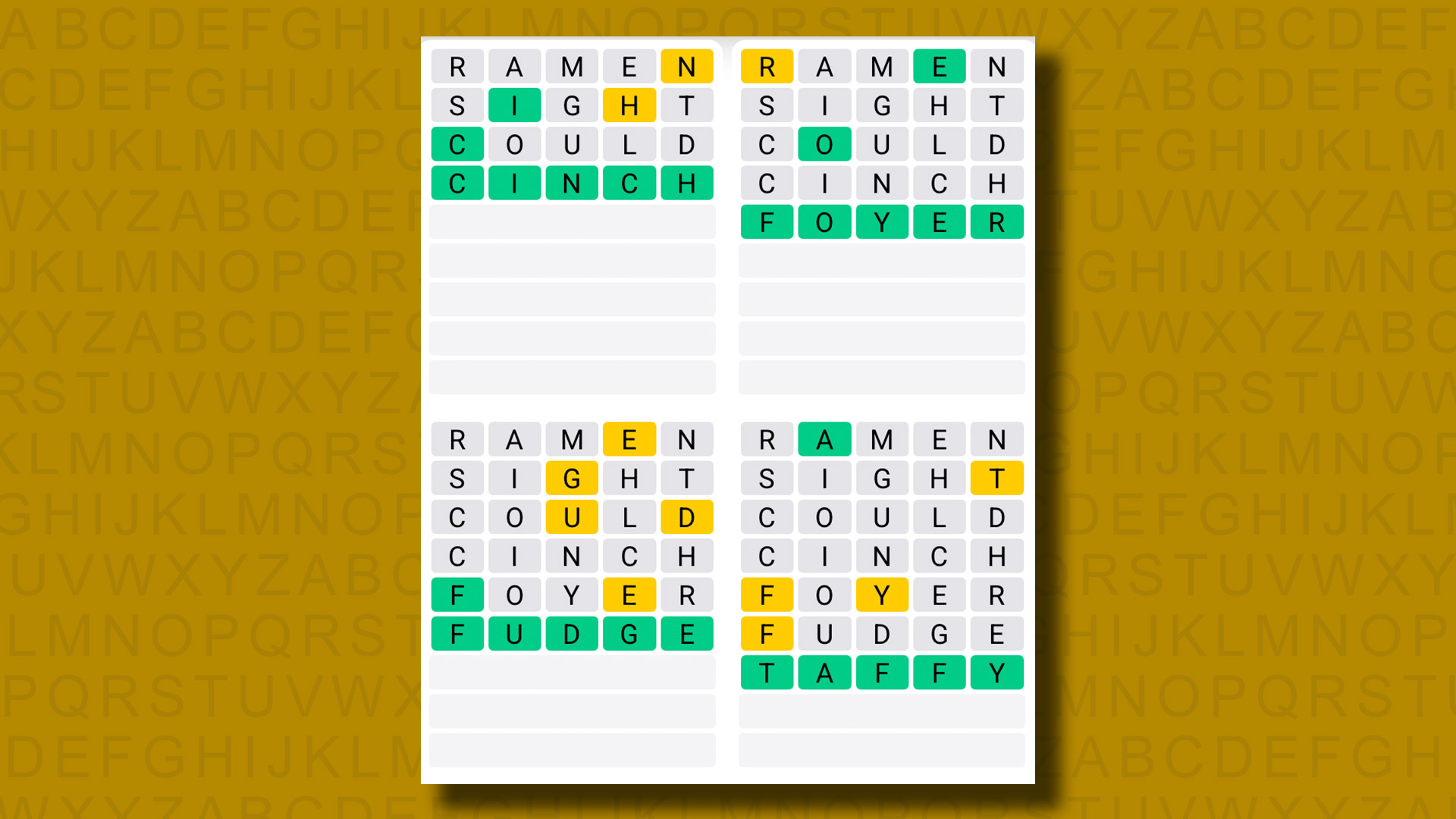 Quordle answers for game 1271 on a yellow background