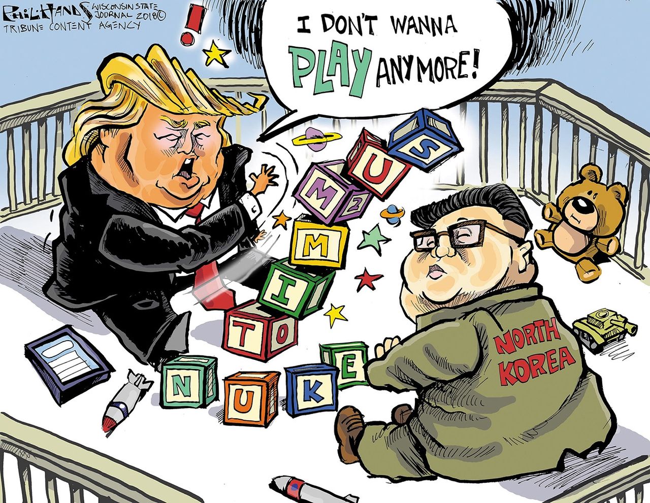 Political cartoon US Trump Kim Jong Un North Korea nuclear summit cancellation