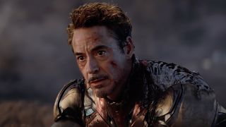 Robert Downey Jr. as Iron Man in Avengers: Endgame's Battle of Earth