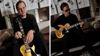 Portrait of American blues-rock musician Joe Bonamassa posing with his signature Les Paul Goldtop Outfit guitar, taken on January 27, 2009 in London