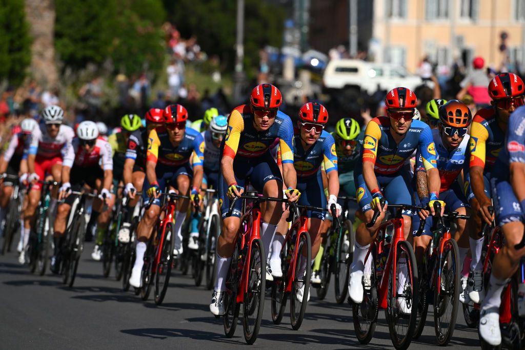 ROME ITALY MAY 26 LR Daan Hoole of Netherlands Simone Consonni of Italy Edward Theuns of Belgium and Team Lidl Trek and Caleb Ewan of Australia and Team Jayco AlUla compete during the 107th Giro dItalia 2024 Stage 21 a 125km stage from Rome to Rome UCIWT on May 26 2024 in Rome Italy Photo by Tim de WaeleGetty Images