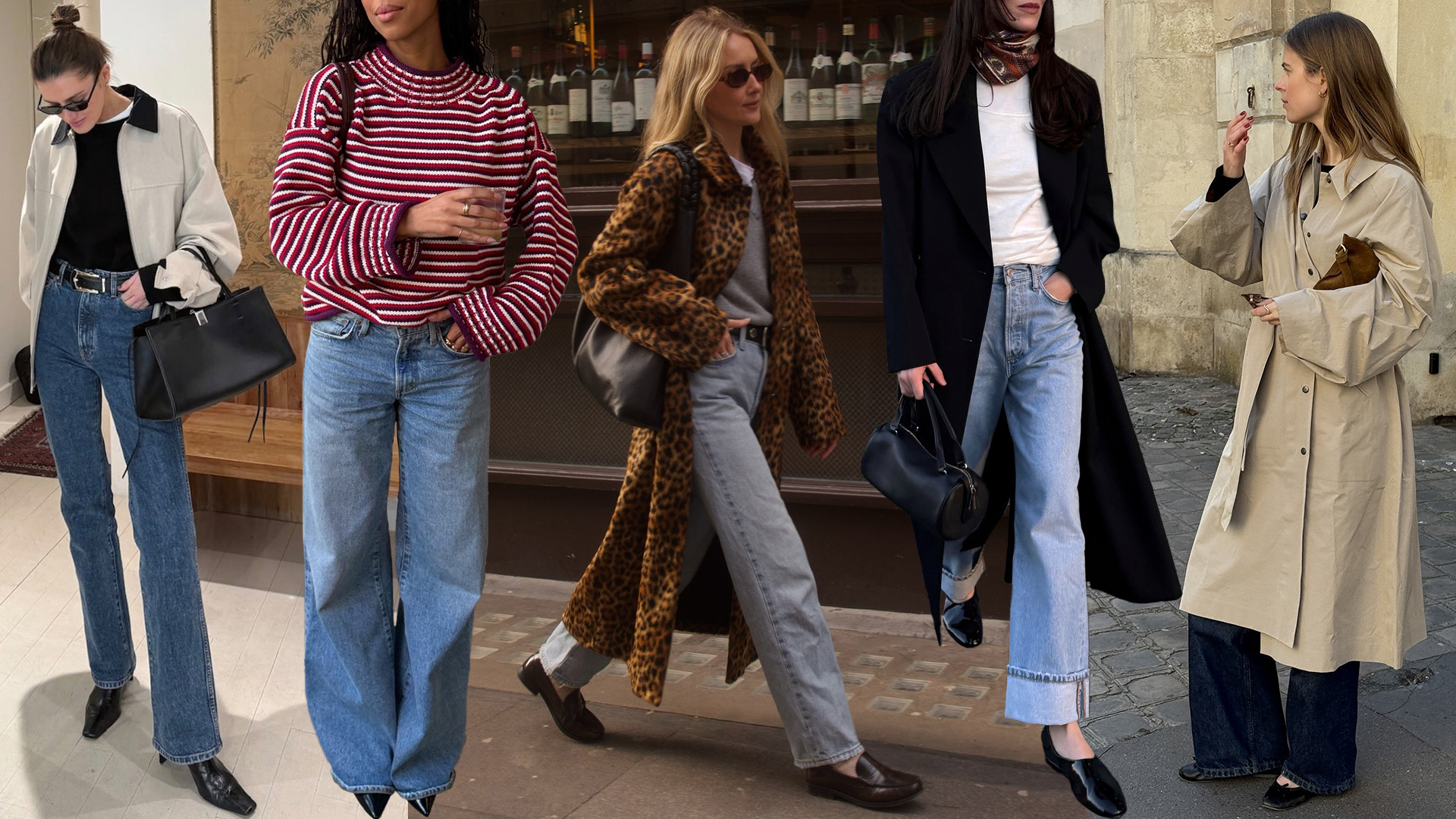 fashion collage featuring style influencers from all over the world wearing 2026 denim trends like cigarette, baggy, straight, cuffed, and dark-wash jeans