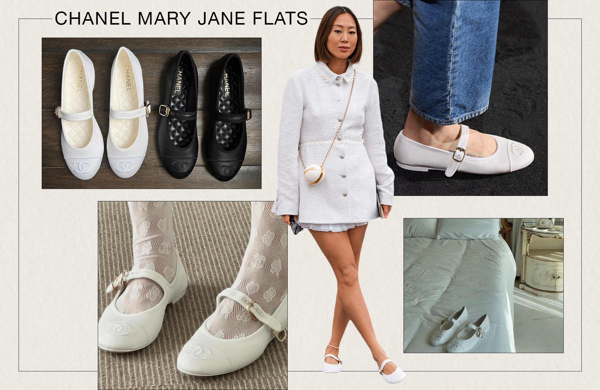 A collage of photos of white Chanel Mary-Jane flats.