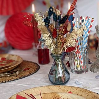 red blue and neutral dried flower display as a coronation decoration