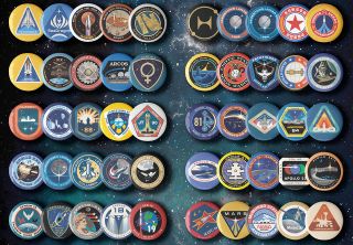 a collection of dozens of buttons emblazoned with space mission patches.