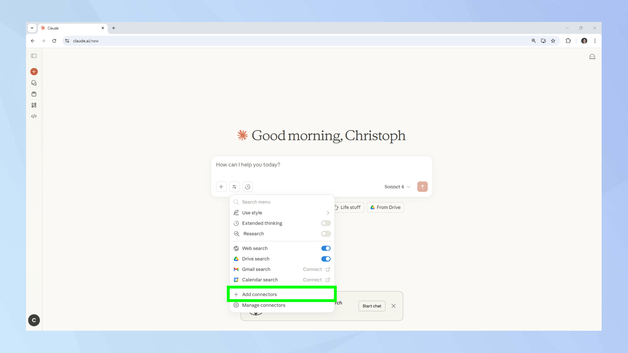 Claude add connectors