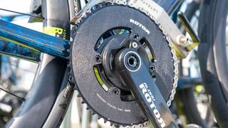 A Rotor Aldhu chainset and Inspider power meter setup from Paris Roubaix, being used here in a 2x four-bolt chainring setup
