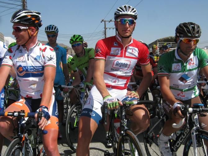 Jersey holders at the start of stage 2 (L-R): Bobbie Traksel (Champion System), Marcel Kittel (Argos-Shimano) and Davide Appollonio (AG2R La Mondiale)