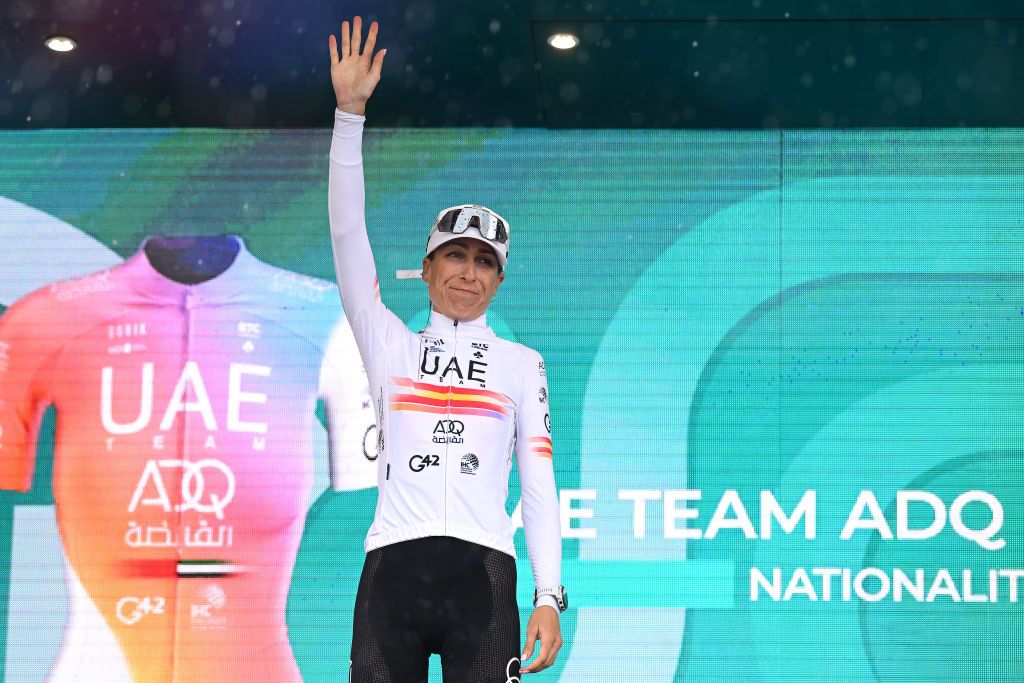 PASSO DEL MANIVA ITALY JULY 07 Margarita Victoria Garcia Caellas of Spain and UAE Team Adq celebrates winning the third place on the podium ceremony after the 33rd Giro dItalia Donne 2022 Stage 7 a 1129km stage from Prevalle to Passo del Maniva 1743m GiroDonne UCIWWT on July 07 2022 in Passo del Maniva Italy Photo by Dario BelingheriGetty Images