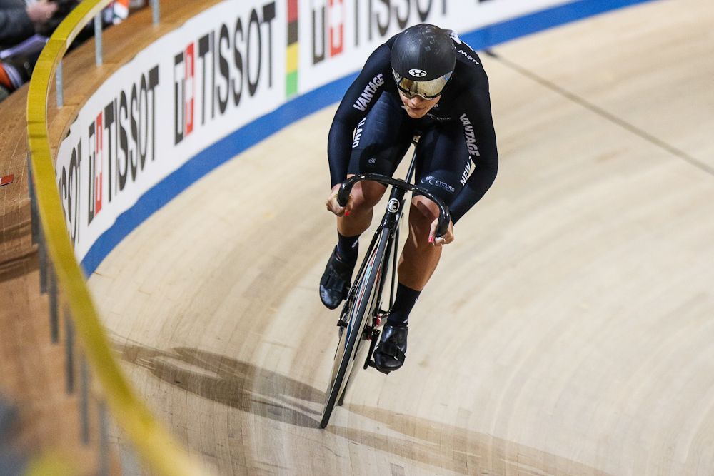 New Zealand's Natasha Hansen takes part in a qualifying round for the women's sprint during the UCI Track Cycling World Championships