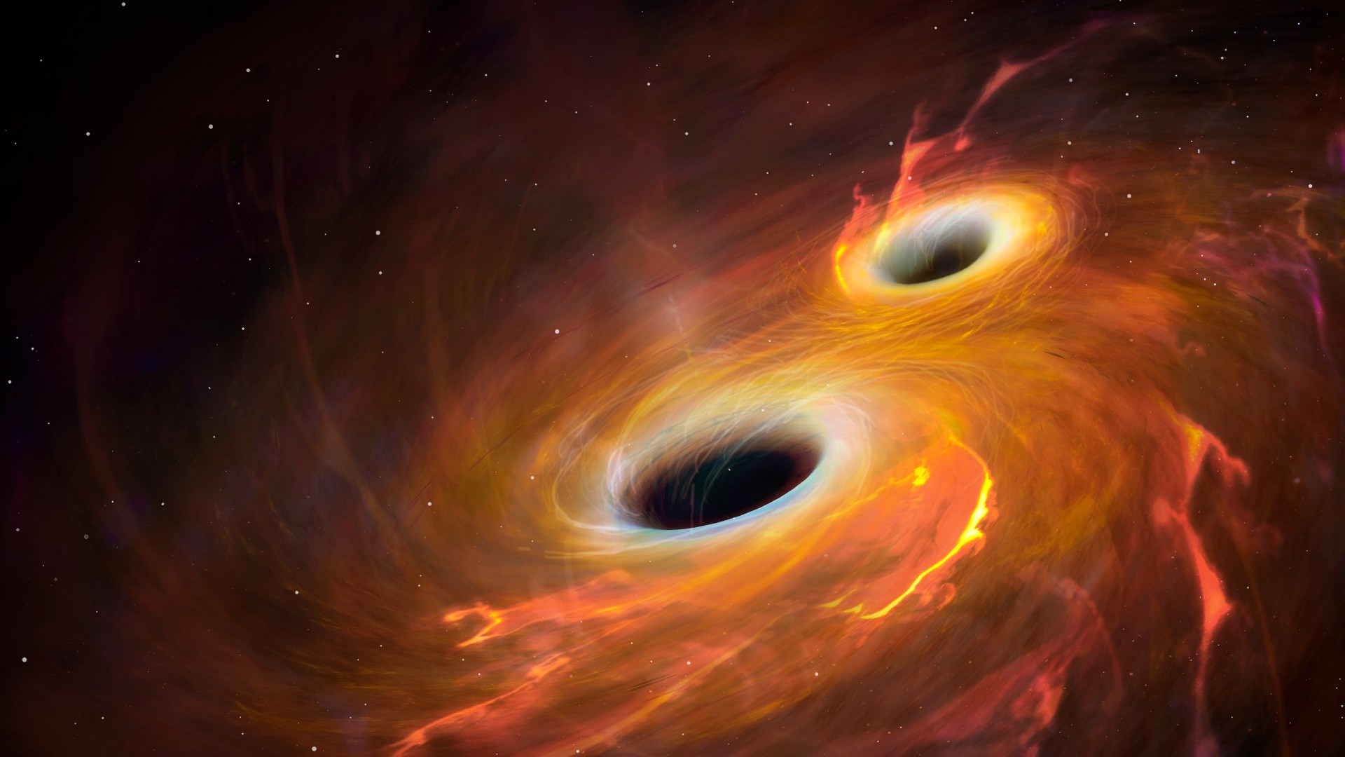 An illustration of two supermassive black holes about to collide as gravitational waves spill into space