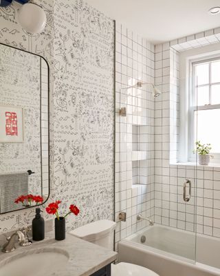 bathroom tile trends with white square tiles and dark grouting