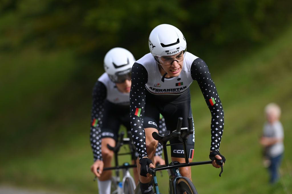 ZURICH SWITZERLAND SEPTEMBER 25 Yulduz Hashimi and Fariba Hashimi of Team Afghanistan sprint during the 97th UCI Cycling World Championships Zurich 2024 Mixed Relay Team Time Trial a 537km one day race from Zurich to Zurich on September 25 2024 in Zurich Switzerland Photo by Dario BelingheriGetty Images