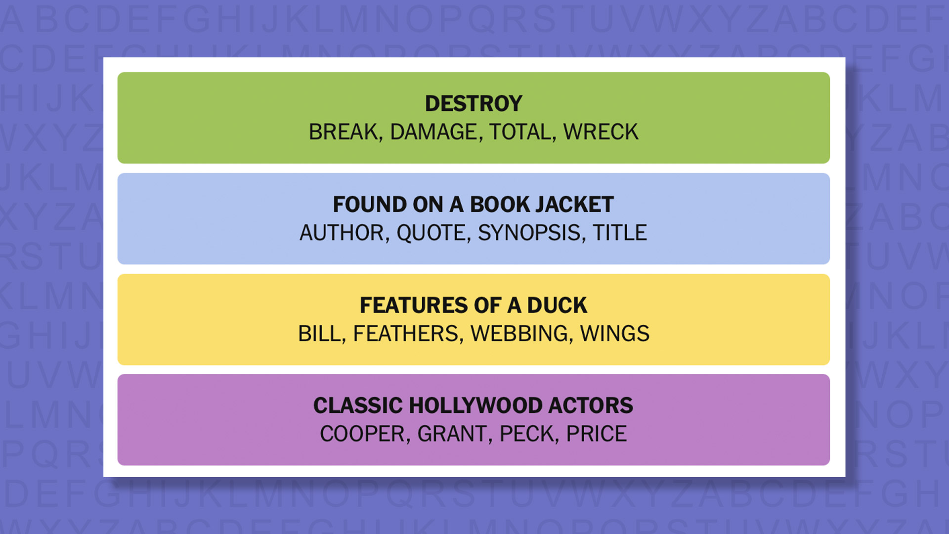 NYT Connections answers for game 952 on a purple background