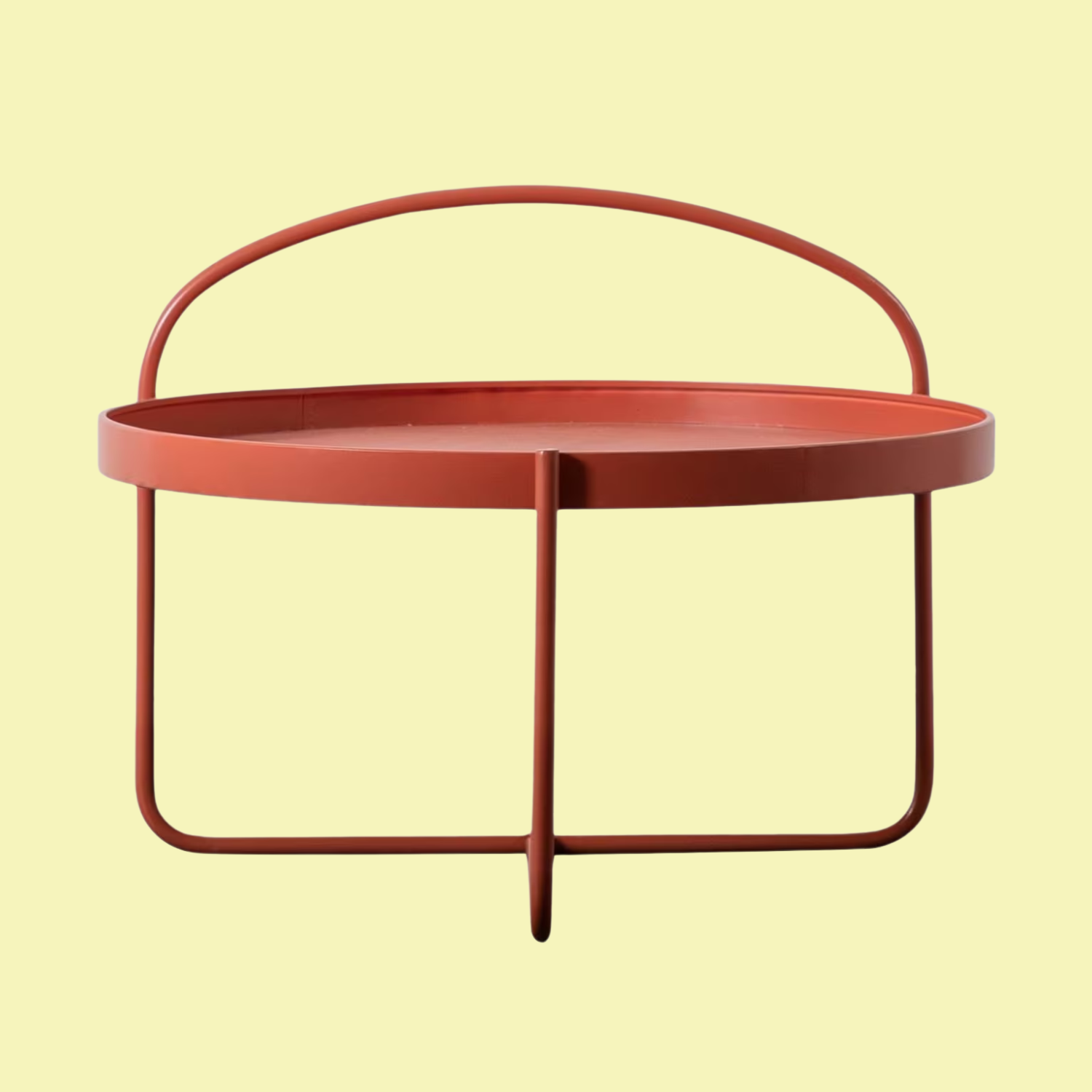 An orange metal tray top coffee table