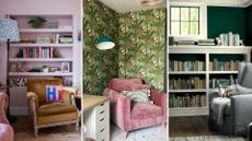 three images of armchairs and bookshelves