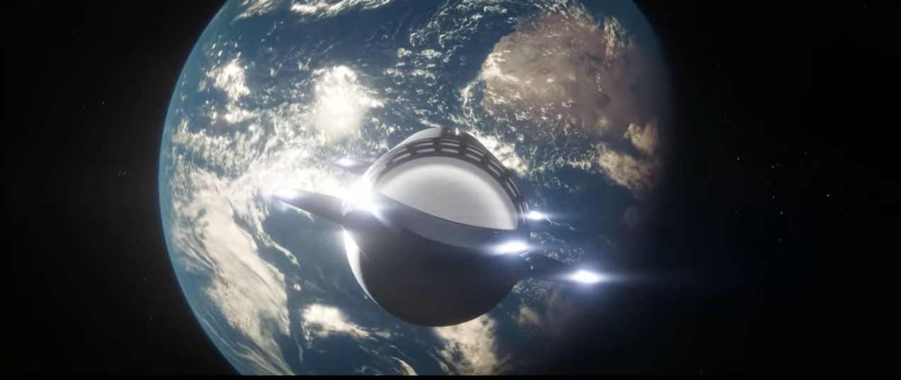 A still from a SpaceX video animation of the company's Starship rocket and Super Heavy booster launching astronauts to Mars, a trip that includes orbital refilling and booster landings.