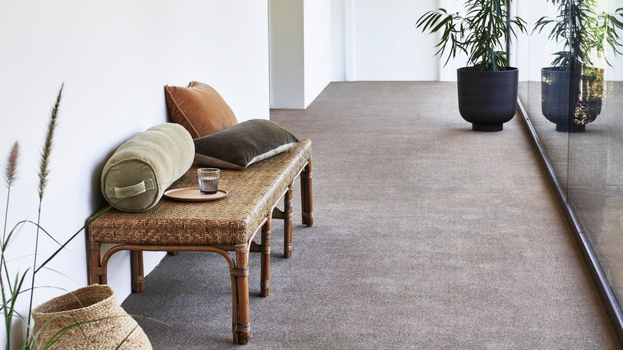 A light brown, neutral carpet with a bench on top of it. On the bench is a plate with a glass and pillows. 