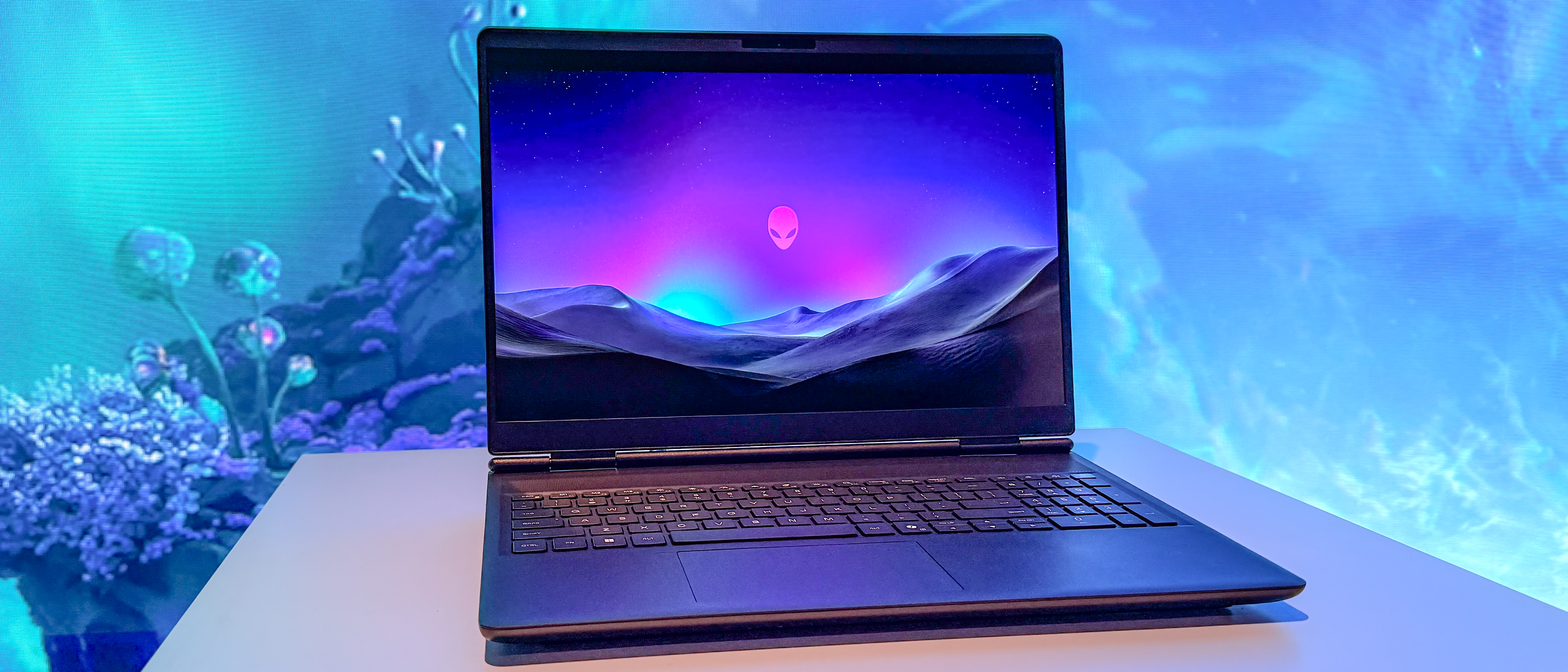 Alienware 16 Area-51 laptop on a stand.