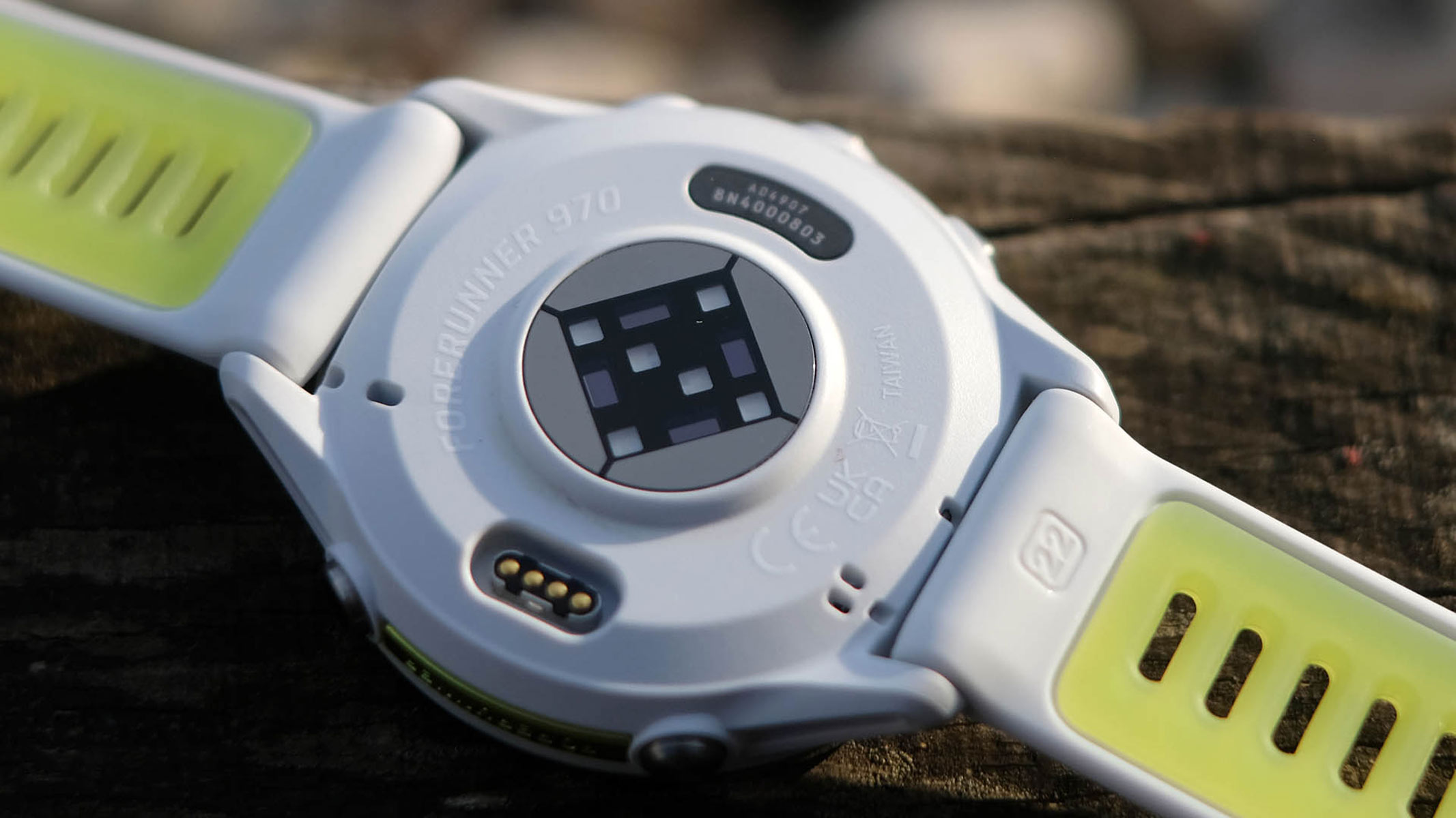 A close-up picture of the PPG sensor in the Garmin Forerunner 970