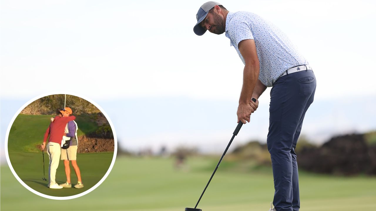 Wesley Bryan rolls a putt whilst hugging his caddie