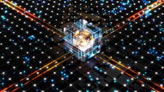 an abstract illustration with a futuristic cube in the middle and dots and lines of light around it