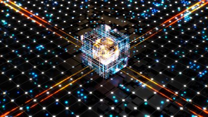 an abstract illustration with a futuristic cube in the middle and dots and lines of light around it