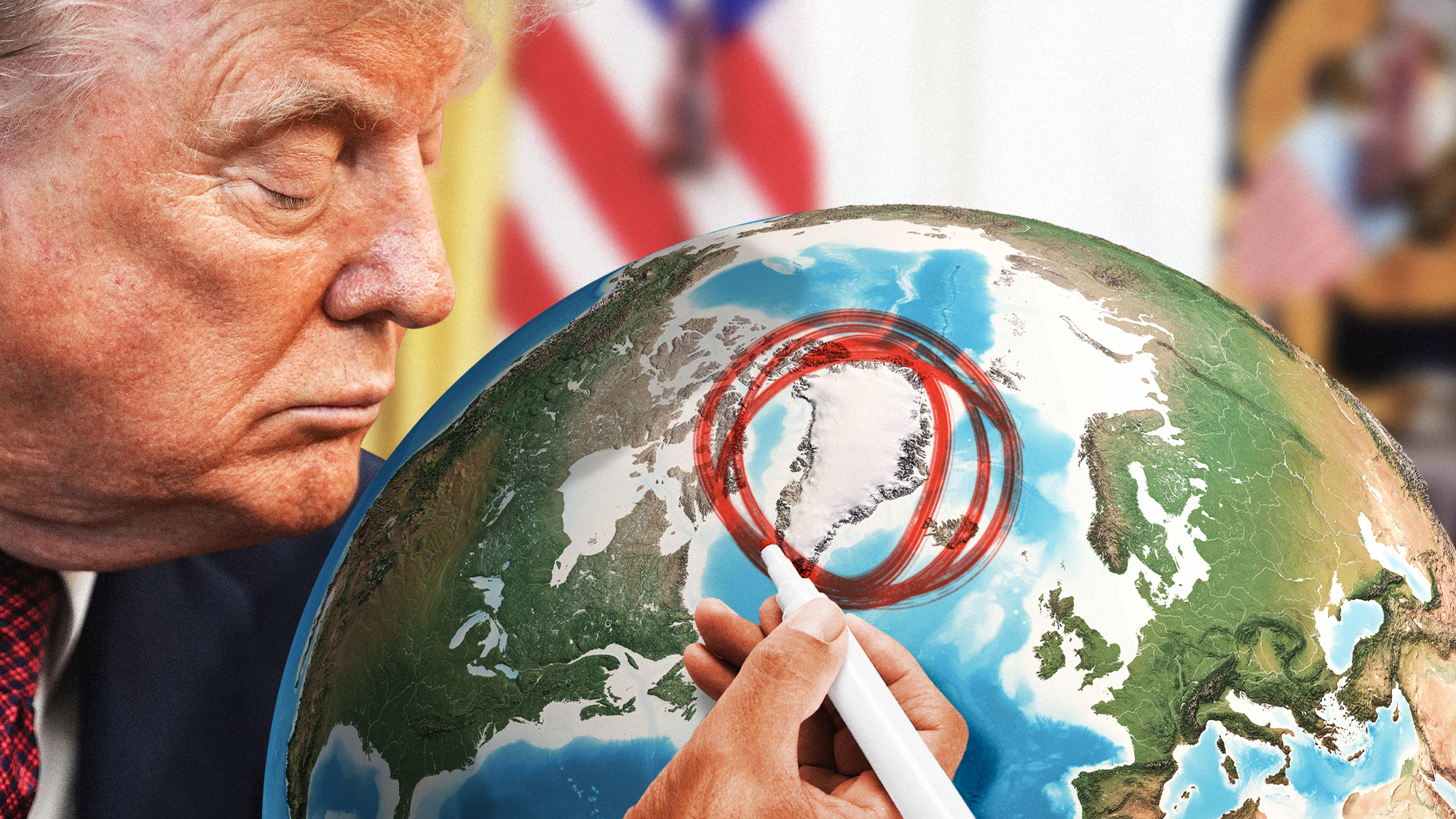 Illustration of Donald Trump circling Greenland on a globe with red Sharpie