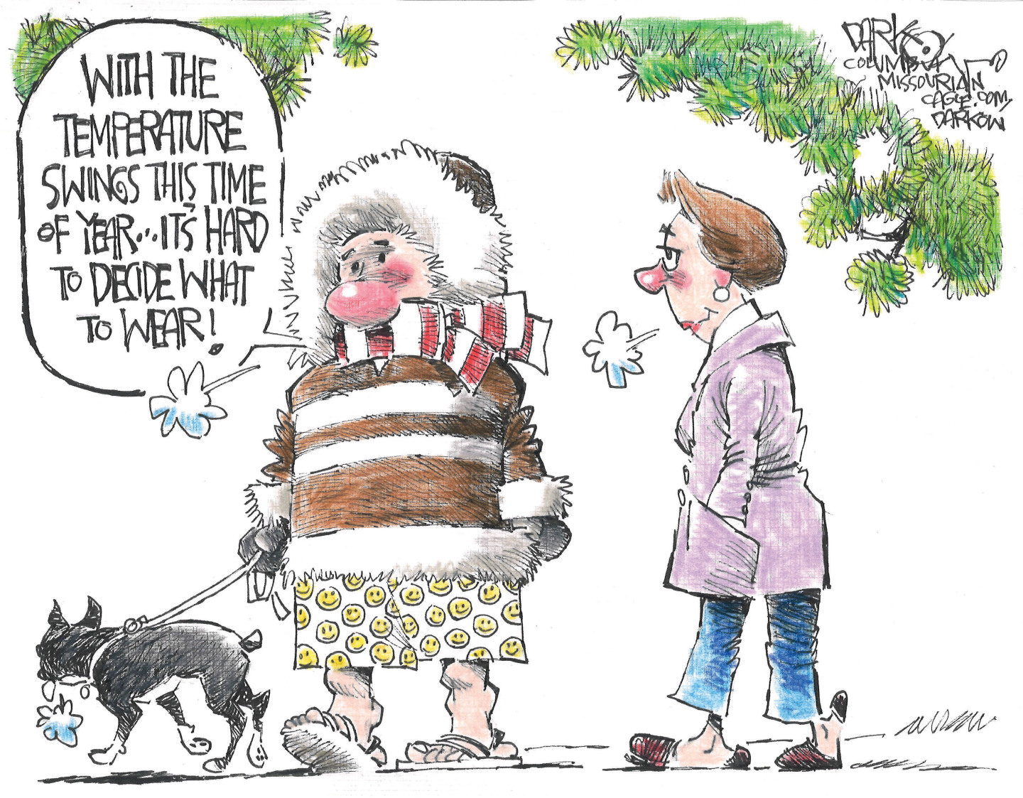 A man walks his dog as he wears a winter hat, jacket, and scarf along with a pair of sandals and smiley-face shorts.He says, &amp;ldquo;With the temperature swings this time of year&amp;hellip; it&amp;rsquo;s hard to decide what to wear!&amp;rdquo;