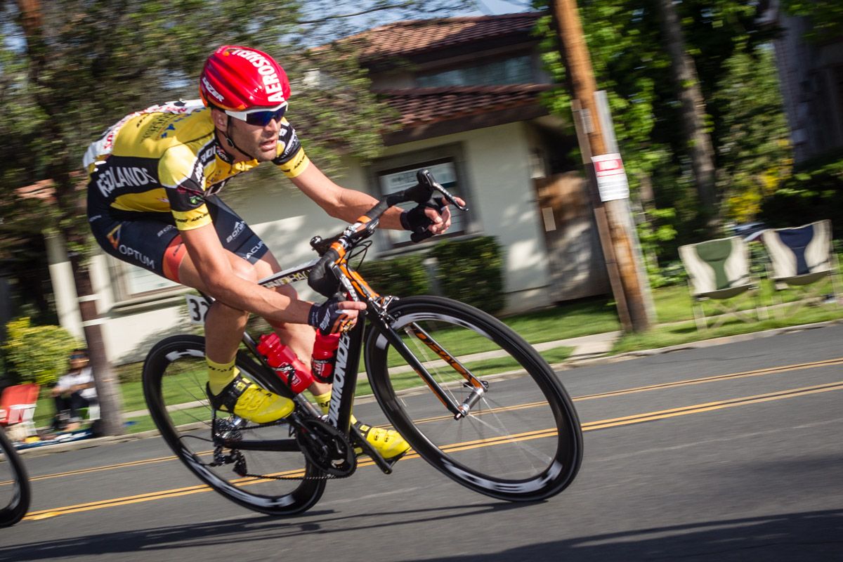 Phil Gaimon (Optum) takes one of tonight&rsquo;s tight turns