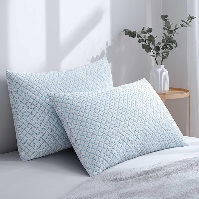 Alkyonos, Alkyonos Shredded Memory Foam Cooling Medium Soft Bamboo Viscose Pillows Queen Size Set of 2, Adjustable Hypoallergenic Hotel Quality Pillows for Back, Stomach and Side Sleeper, Oeko-Tex Certified