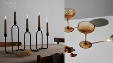 Three product images from H&M: the first one is of brown-tinted glass flutes, the second is of a white and a black knitted throw blanket on a stool, and the third is a table with a wavy black candle holder holding 6 candles